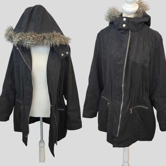 NEW LOOK Women's Charcoal Gray  Faux Fur Hoded Wool Coat Jacket  1X - Picture 1 of 16